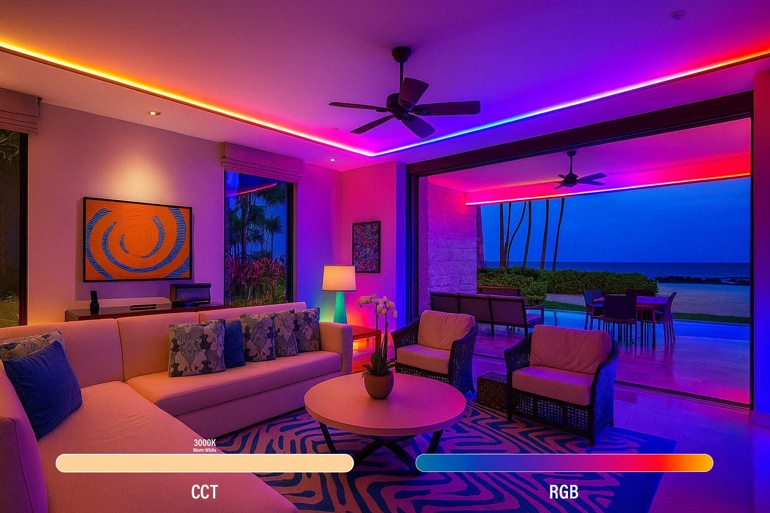 title:🌅 Dynamic RGB+CCT Control///desc:Blend millions of colors with adjustable white tones—from vibrant party hues to relaxing warm light. Set the mood instantly for any space, any vibe.